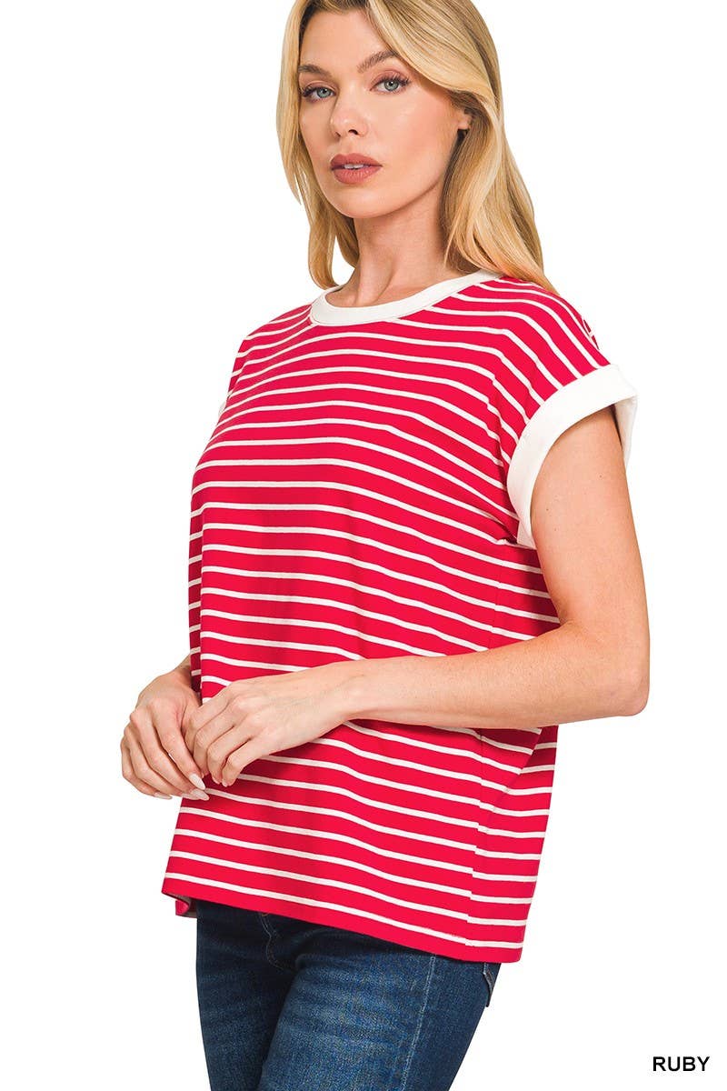Red Stripe Cap Sleeve Tee