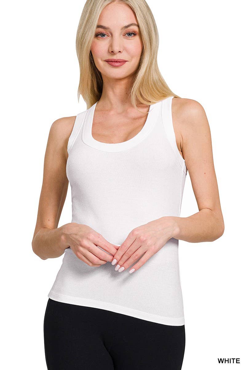 Ribbed Scoop Neck Tank Top: WHITE