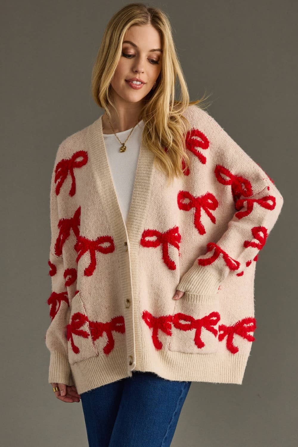 Tan & Red Bow Cardigan