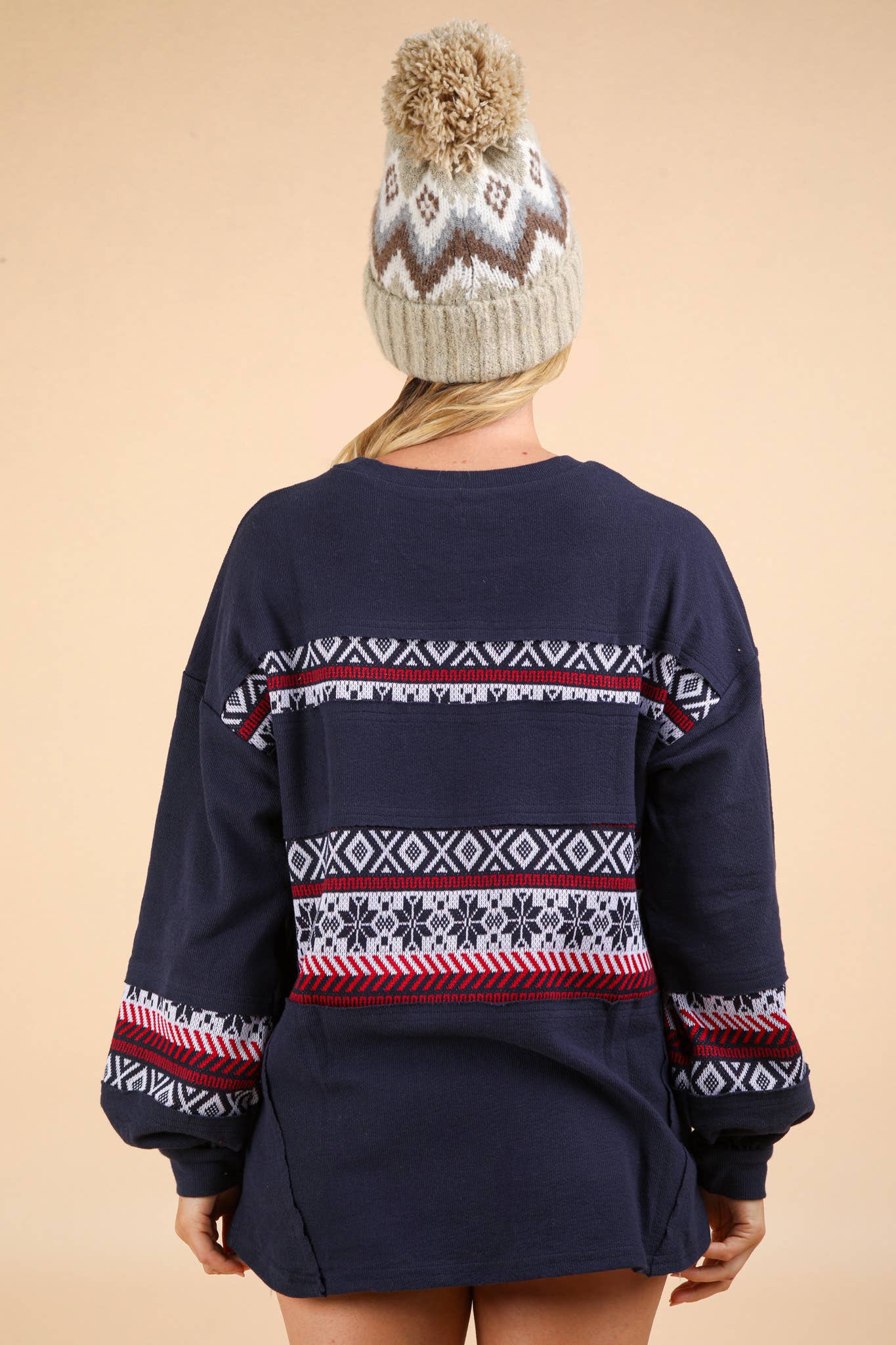 Oversized Printed Contrast Knit Top (Navy)