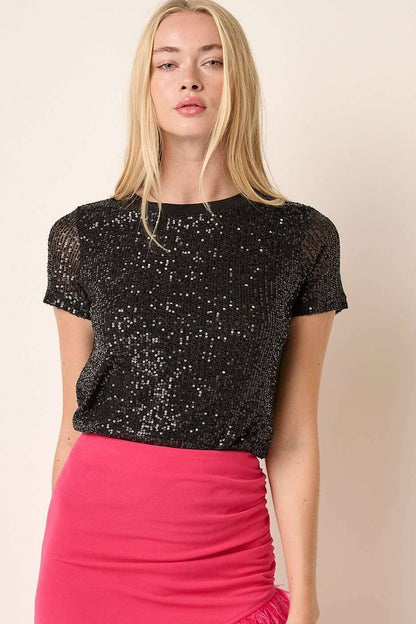 SEQUIN SHORT SLEEVE KNIT TOP