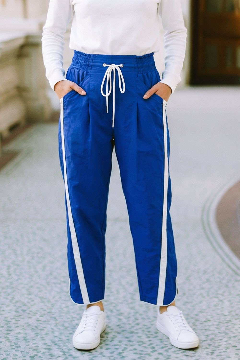 Striped Elastic Waist Cropped Drawstring Pants: Dark Blue