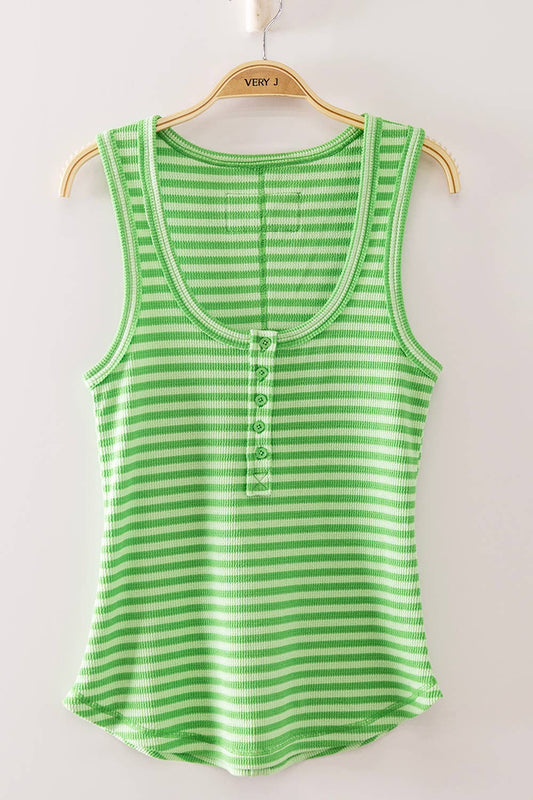 Striped Button Down Fitted Knit Tank Top: BRIGHT GREEN