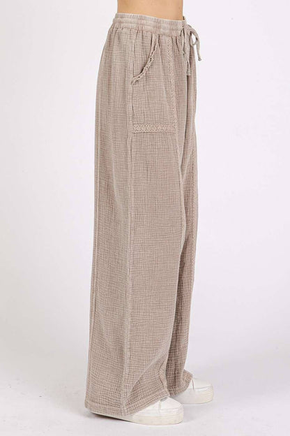 Lace Detail Elastic Waist Gauze Pants