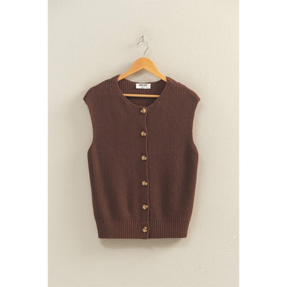 Sleeveless Button-Up Ribbed Vest: CHOCOLATE
