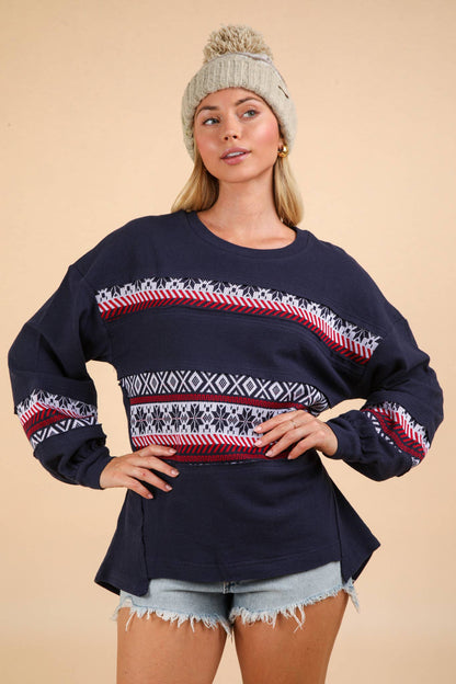 Oversized Printed Contrast Knit Top (Navy)