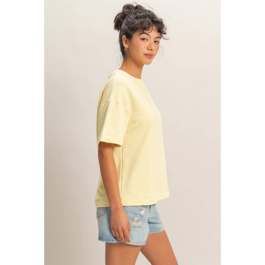 Crew Neck Short Sleeve Top: PALE YELLOW
