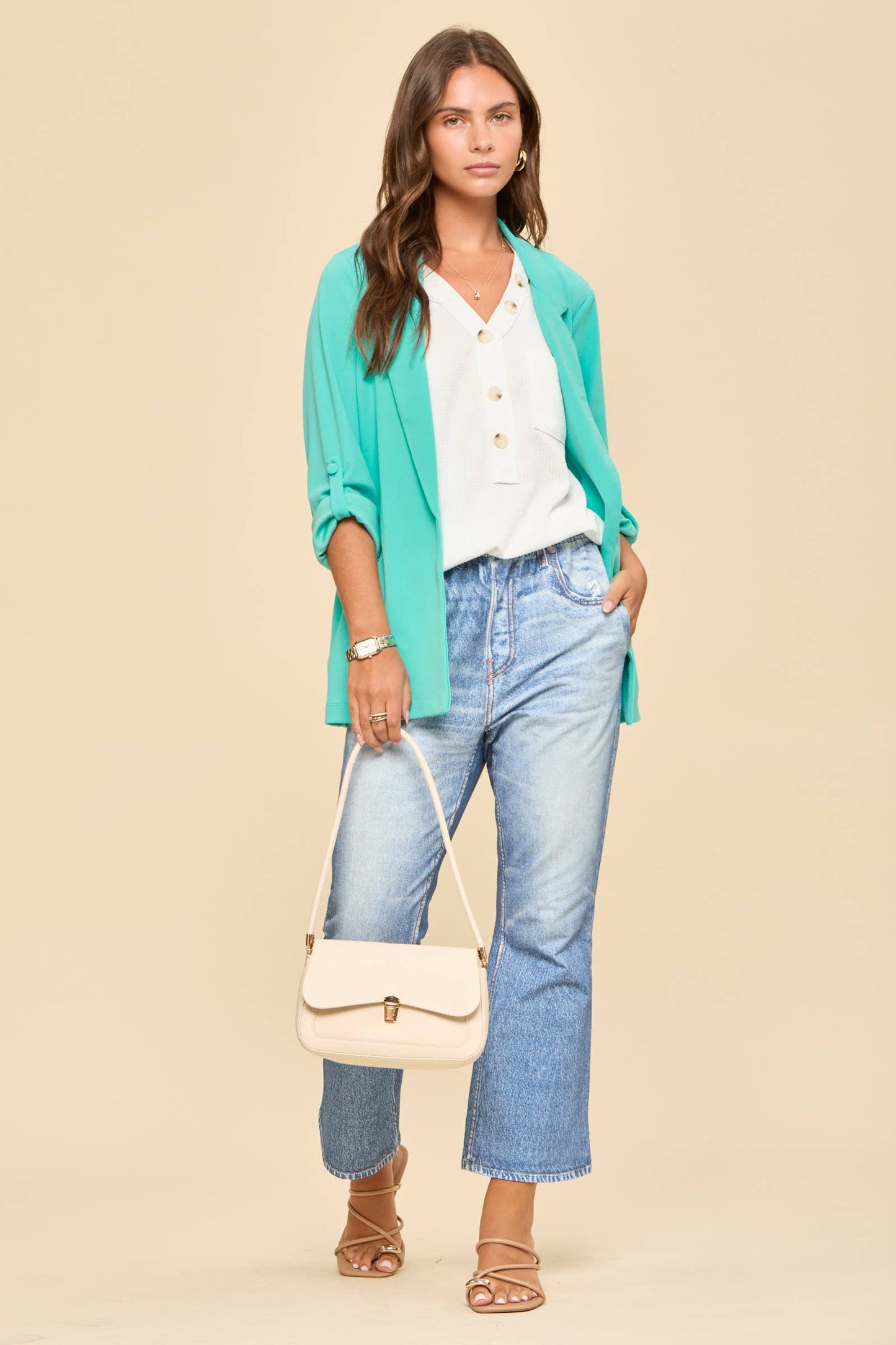 Open Front Boyfriend Blazer: Aqua