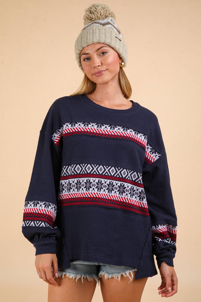 Oversized Printed Contrast Knit Top (Navy)