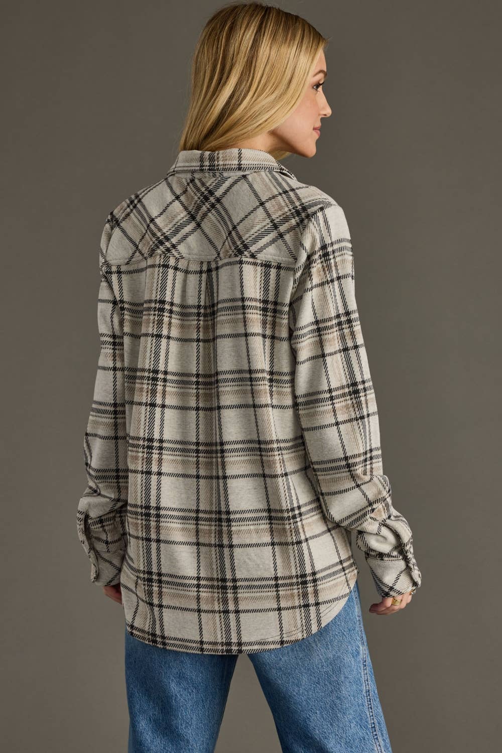 Taupe, Black & Tan Plaid Button Up