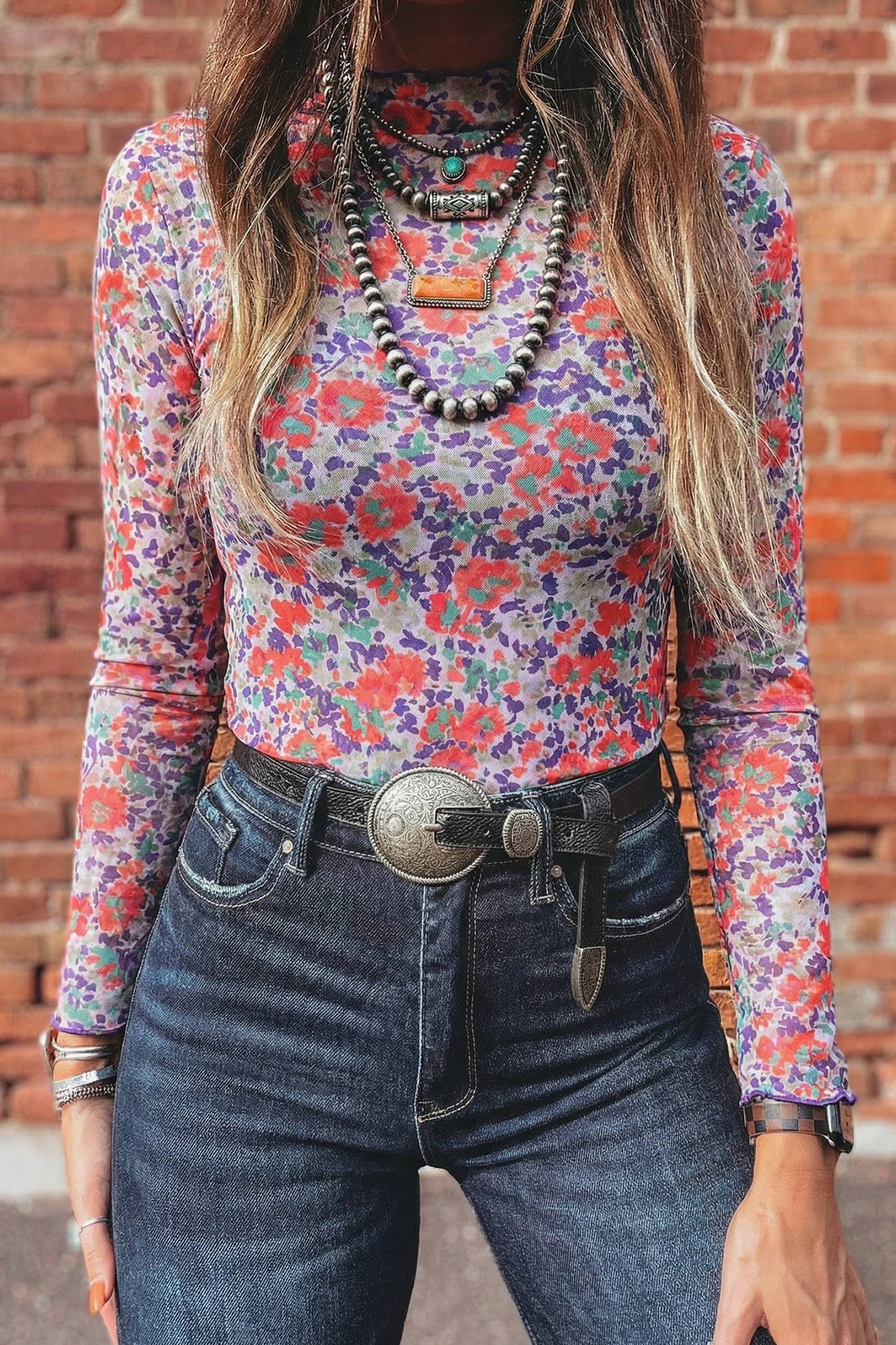 Floral Mesh Mock Neck Top: Pink