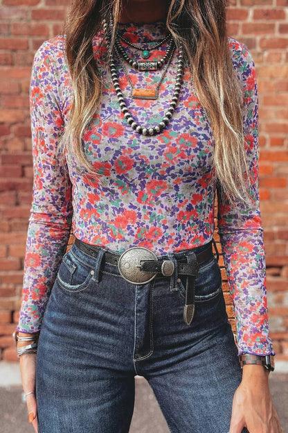 Floral Mesh Mock Neck Top: Pink