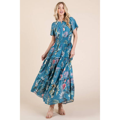 Floral Print Split Neck Tiered Maxi Dress: BLUE COMBO