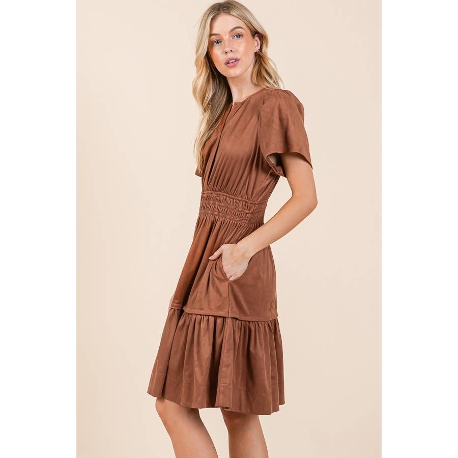 Smocked Waist Short Sleeve Dress: Mocha