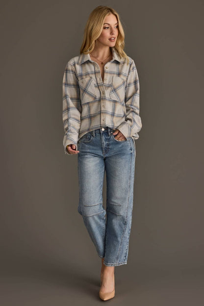 Cream, Dusty Blue & Tan Plaid Button Up