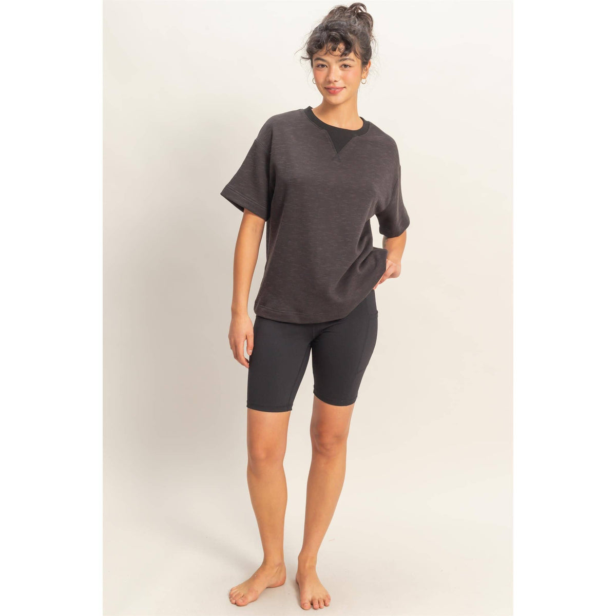 Crew Neck Short Sleeve Top: BLACK