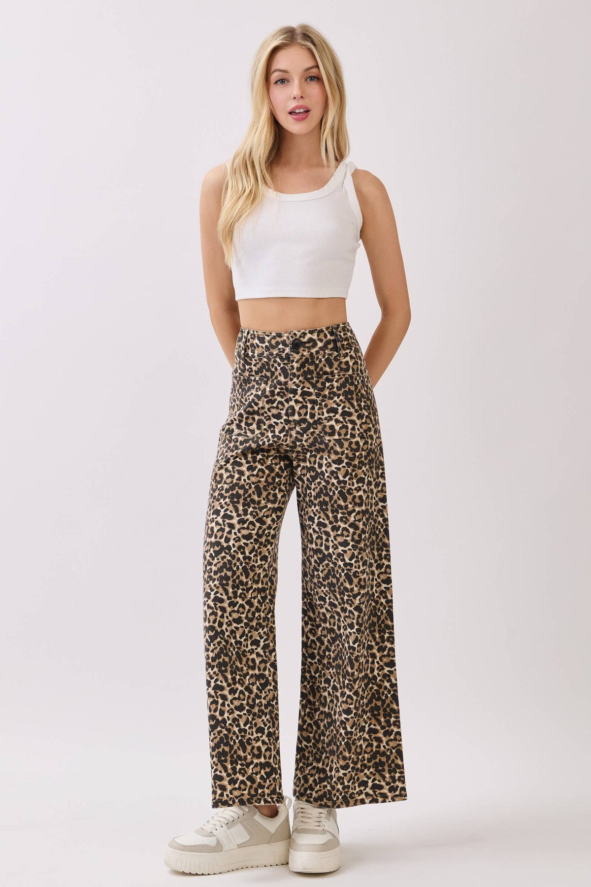 Stretch Twill Leopard Wide Leg Pants: BROWN