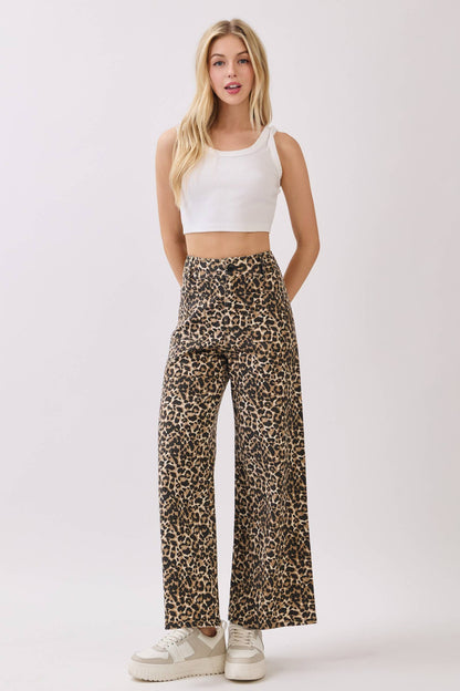 Stretch Twill Leopard Wide Leg Pants: BROWN