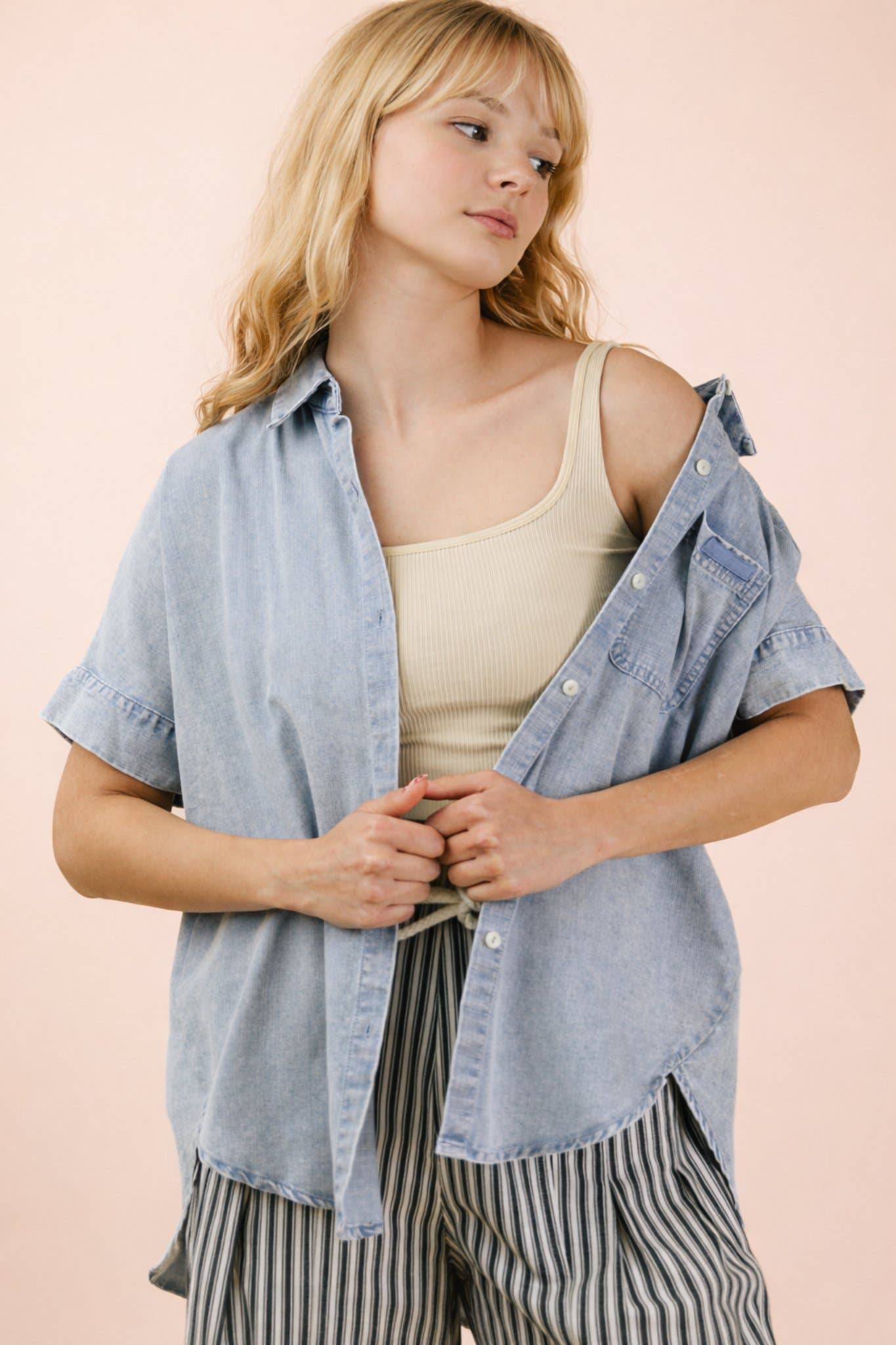 Mineral Washed Chambray Oversized Shirt: LT INDIGO