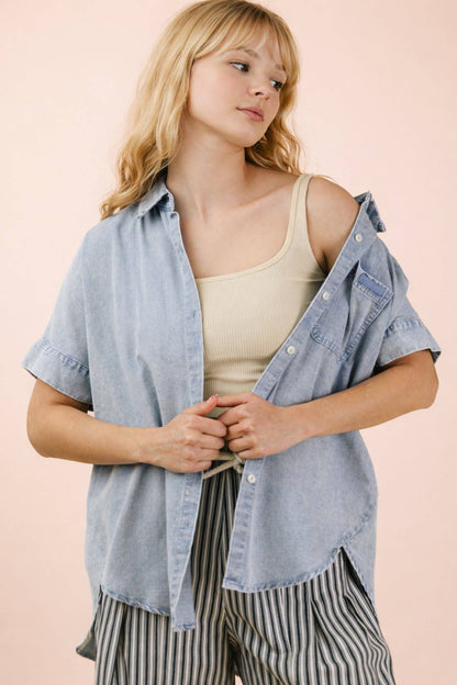 Mineral Washed Chambray Oversized Shirt: LT INDIGO