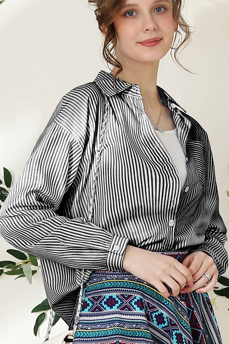Striped Button Down Long Sleeve: BLACKWHITE
