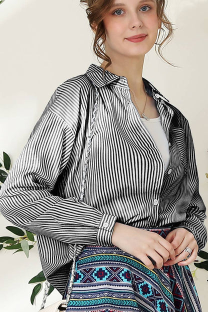 Striped Button Down Long Sleeve: BLACKWHITE
