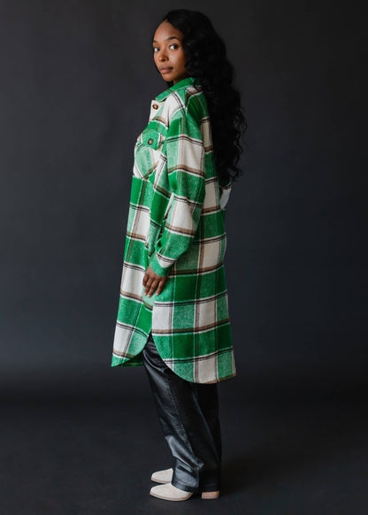 Green, White & Tan Plaid Long Flannel