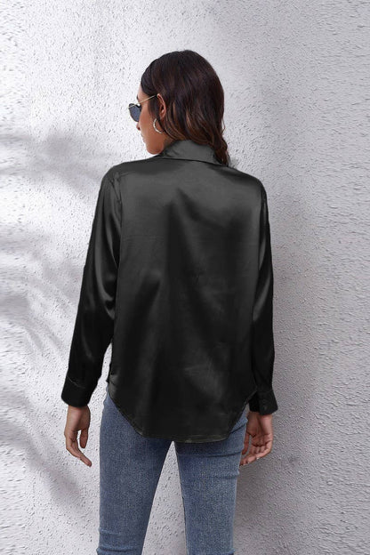 Button Down Satin Long Sleeve Top: White