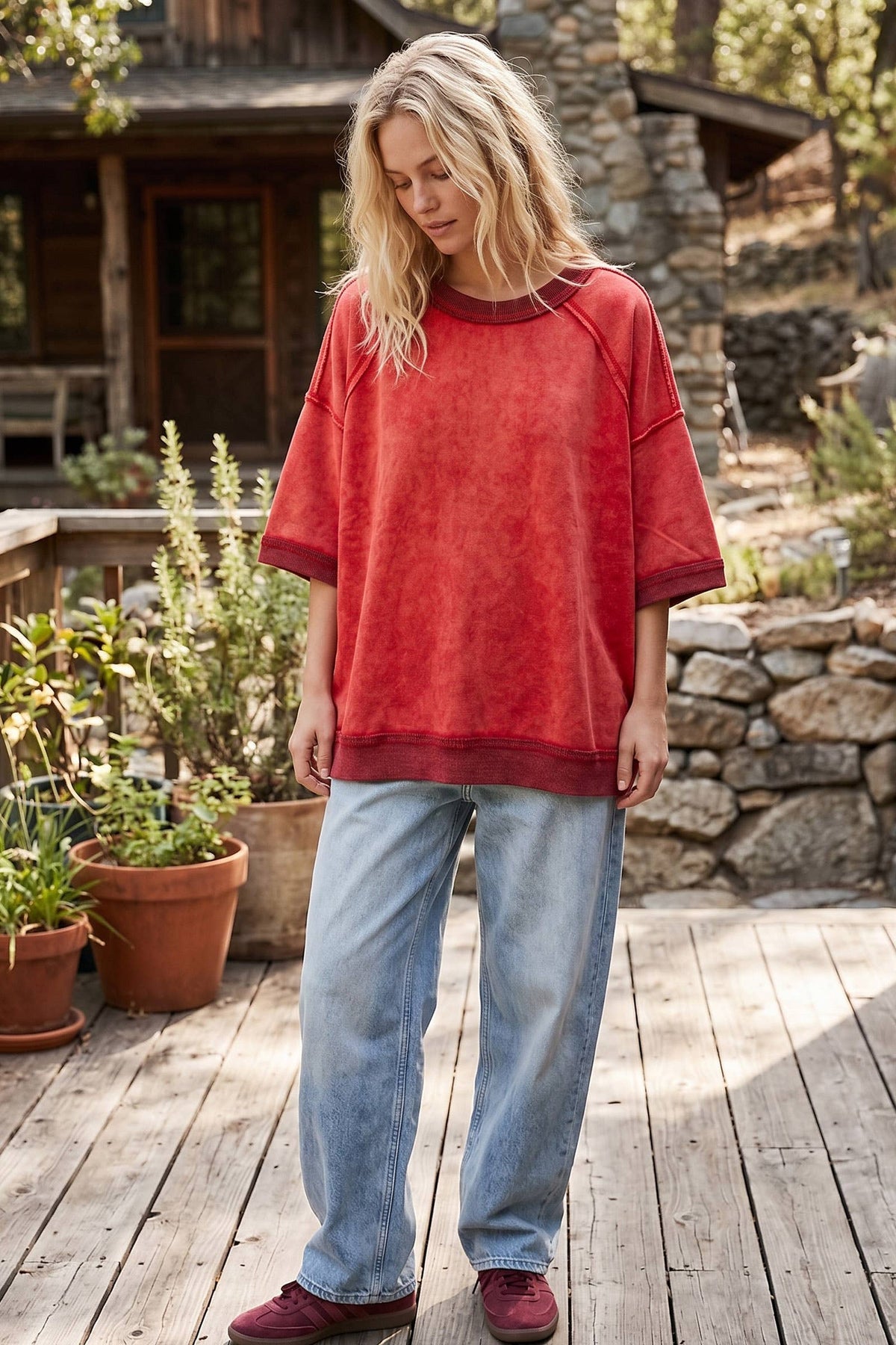 Mineral-Washed Oversized French Terry Top: Red