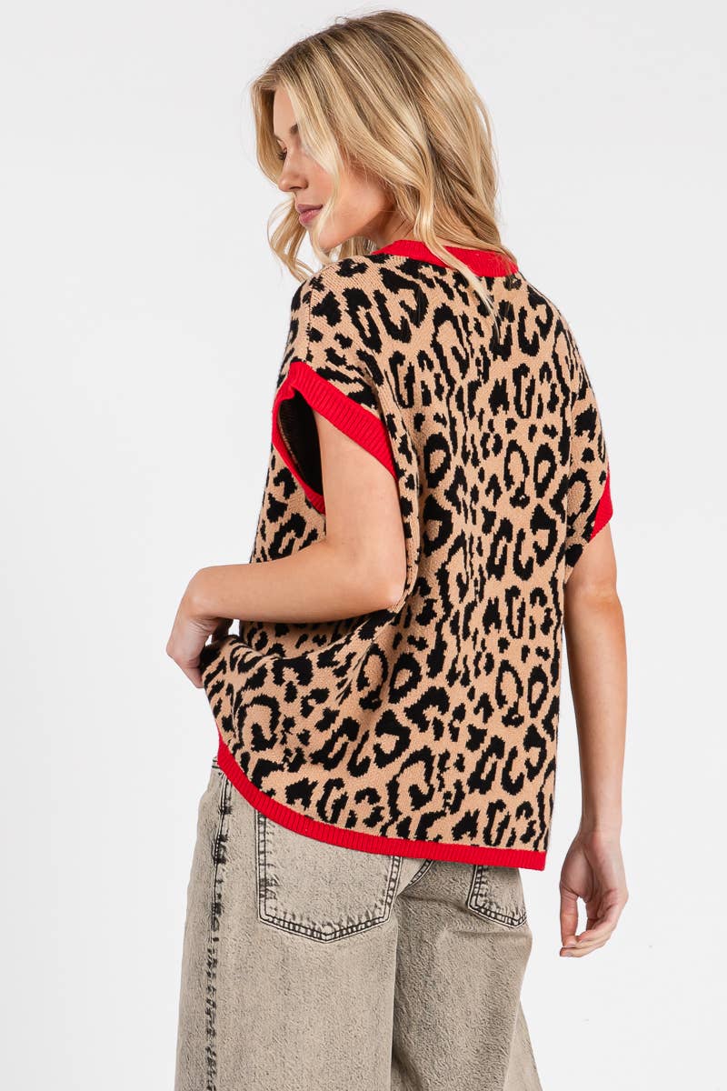 LEOPARD PRINT SLEEVELESS KNIT SWEATER VEST