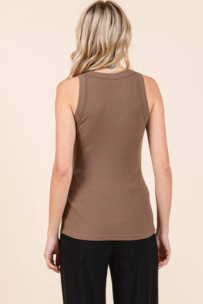 RIB KNIT ROUND NECK TANK: MOCHA
