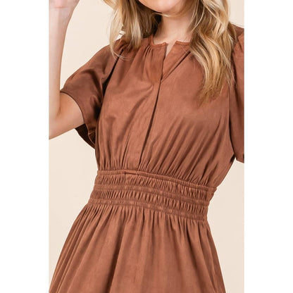 Smocked Waist Short Sleeve Dress: Mocha