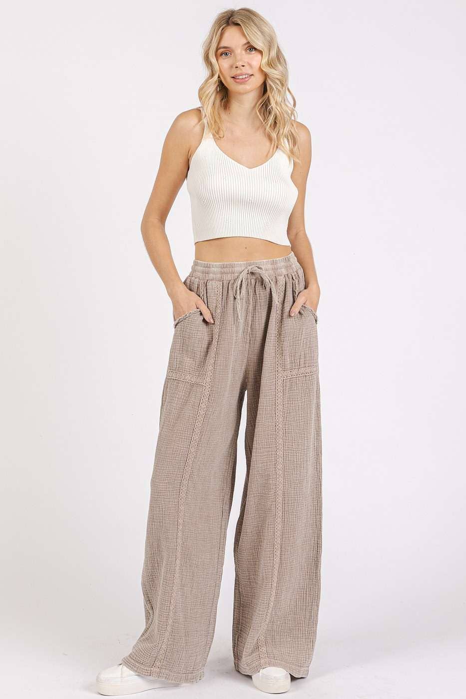 Lace Detail Elastic Waist Gauze Pants