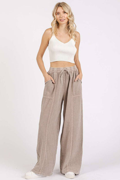 Lace Detail Elastic Waist Gauze Pants