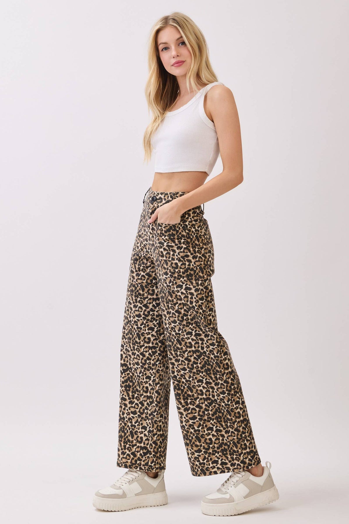 Stretch Twill Leopard Wide Leg Pants: BROWN
