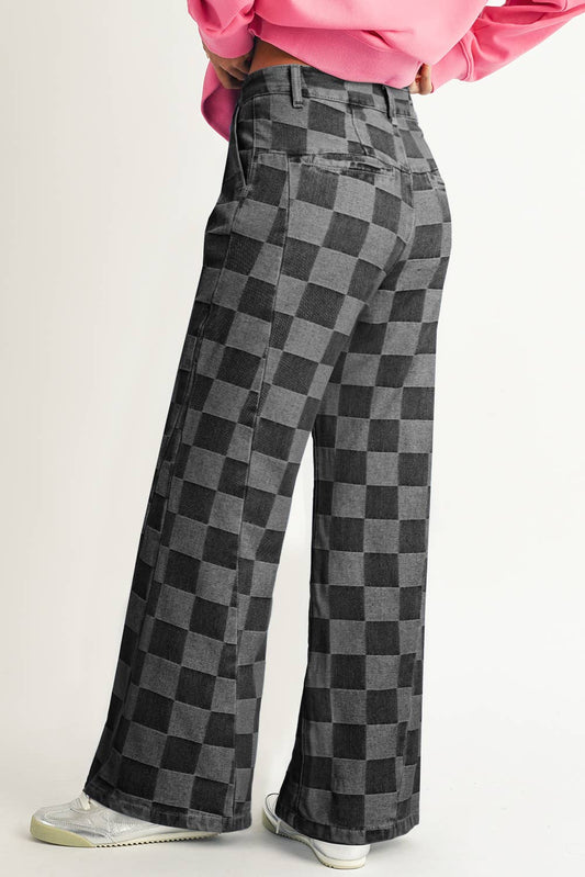 Grey Checkered Wide Leg Jeans