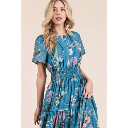 Floral Print Split Neck Tiered Maxi Dress: BLUE COMBO