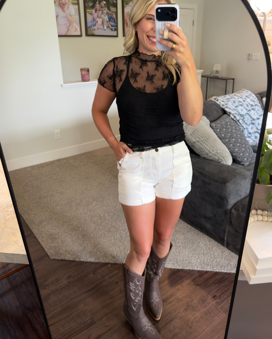 Lace Mesh Short Sleeve Top: BLACK