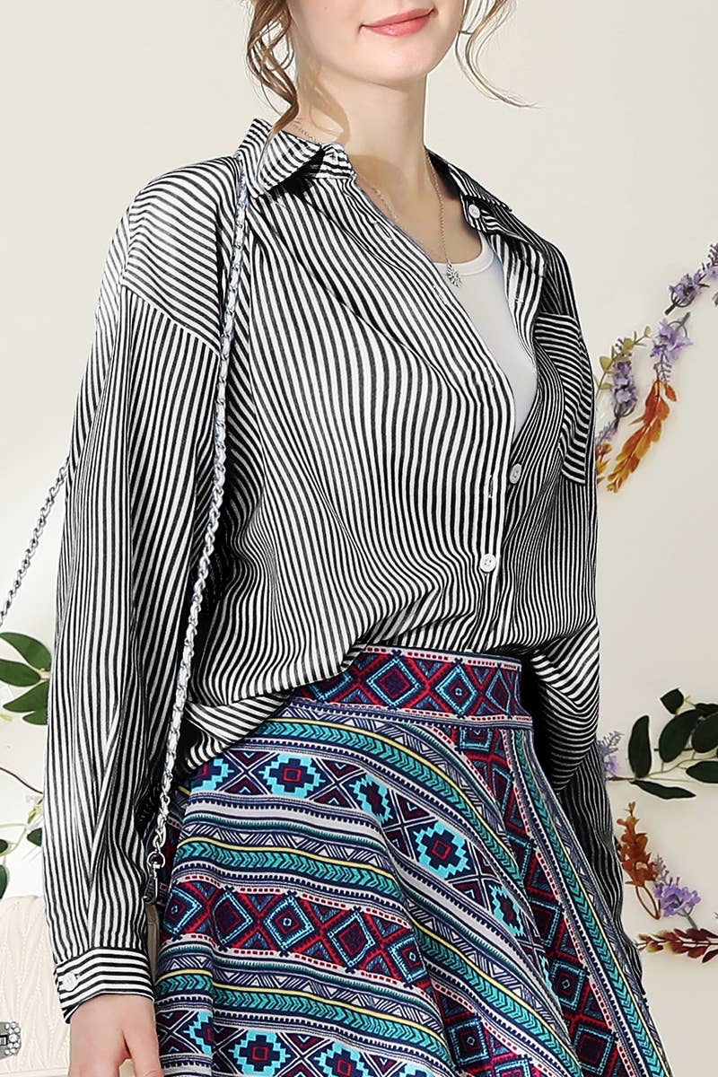 Striped Button Down Long Sleeve: BLACKWHITE