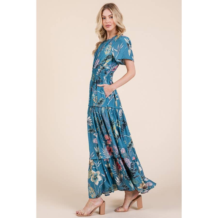 Floral Print Split Neck Tiered Maxi Dress: BLUE COMBO