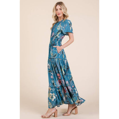 Floral Print Split Neck Tiered Maxi Dress: BLUE COMBO
