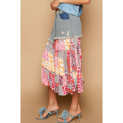 Printed Denim Floral Skirt