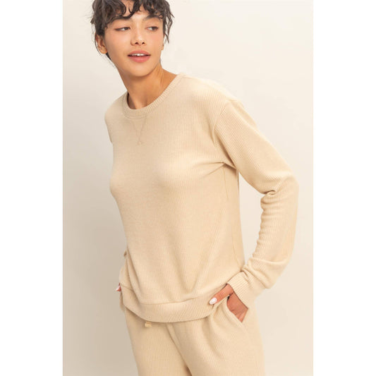 Brushed Crew Neck Long Sleeve Top: LIGHT TAUPE