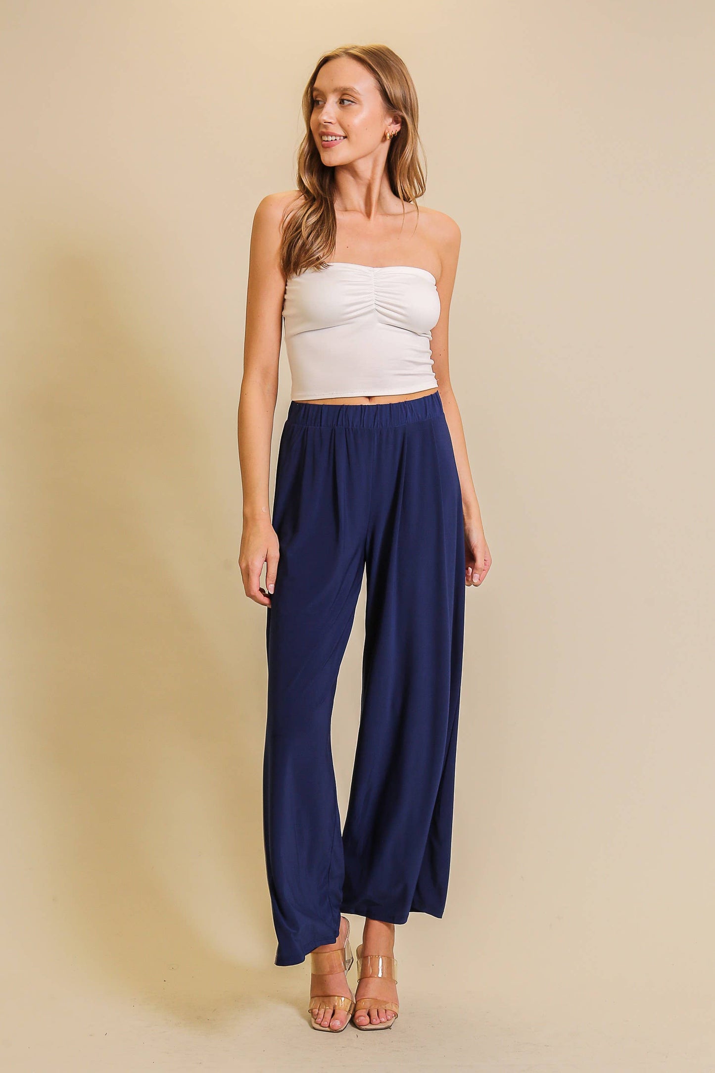 Elastic HW Knit Wide Leg Pants: Navy