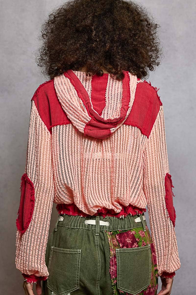 Knit Button Down Hooded Cardigan-Red/Blush