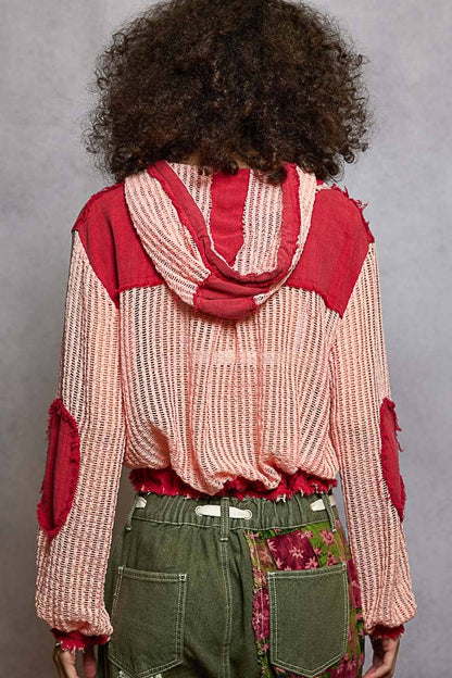 Knit Button Down Hooded Cardigan-Red/Blush