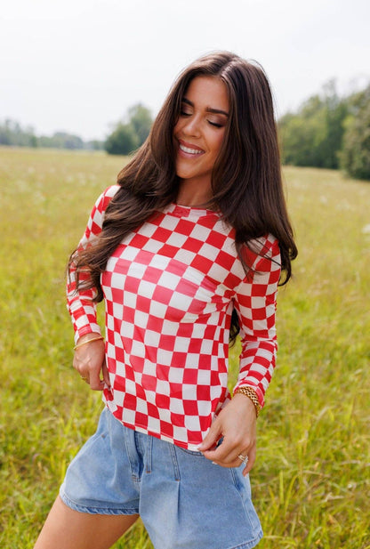Red Checkerboard Mesh Top