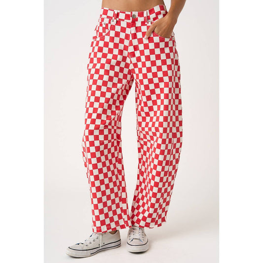 GAME DAY CHECKERED ELASTIC WAIST BARREL PANTS: RED