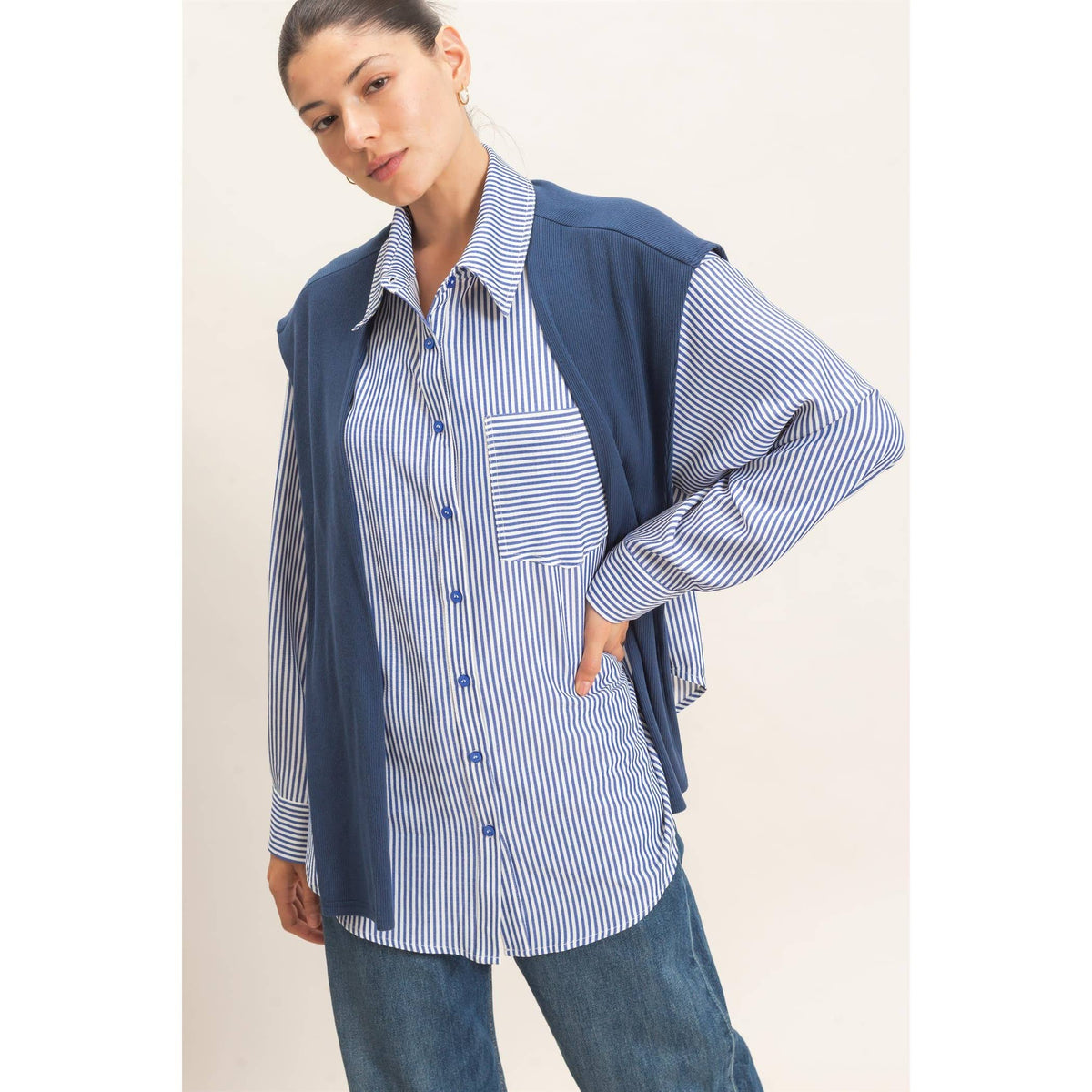 Striped Button-Up Shirt With Faux Tie: NAVY