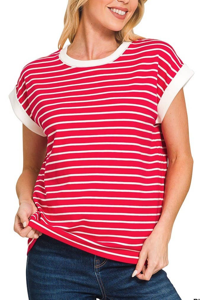 Red Stripe Cap Sleeve Tee